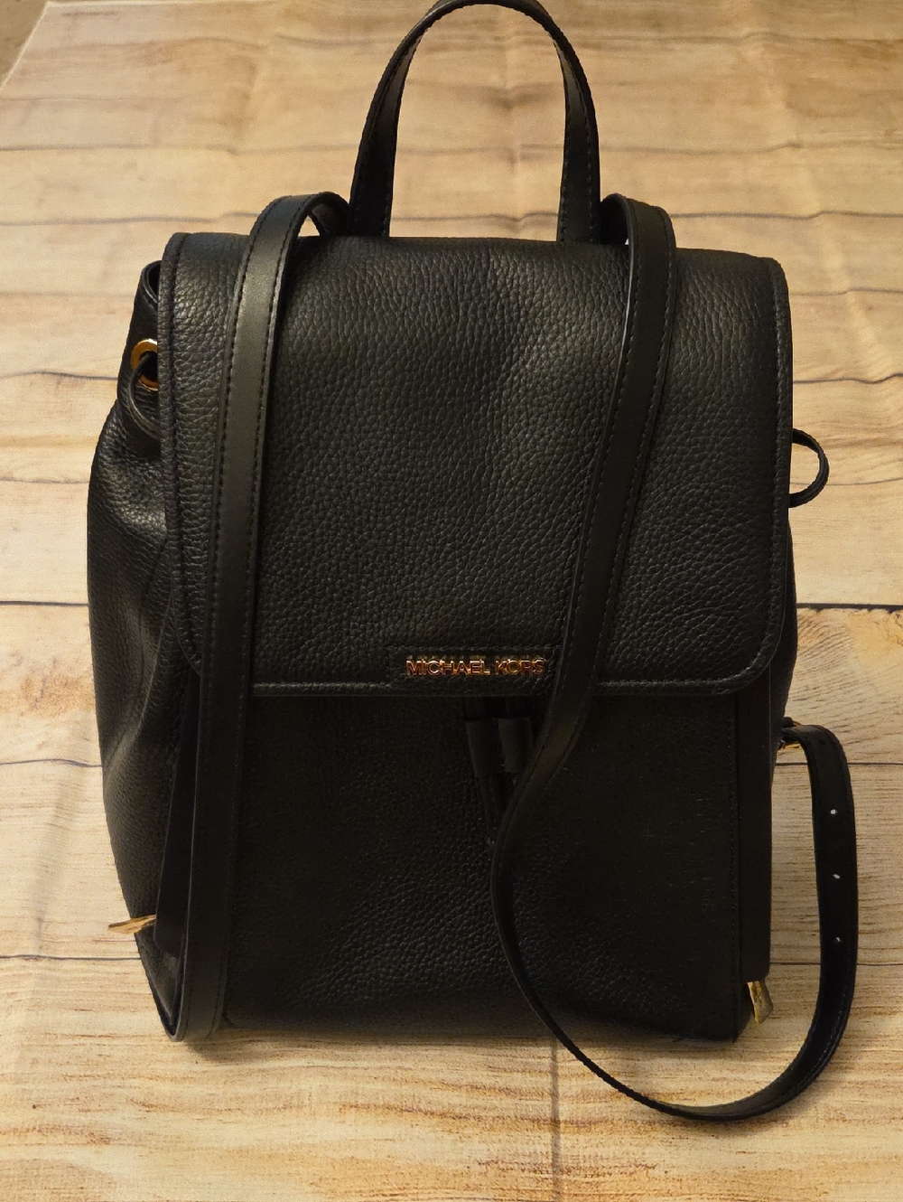Michael Kors Black Pebbled Leather Mini Backpack with Gold Accents